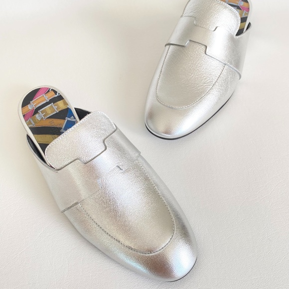 HERMES H CATENA SILVER LEATHER MULES FLIP FLOPS SHOES FLAT SLIDES 35.5 - Picture 9 of 16